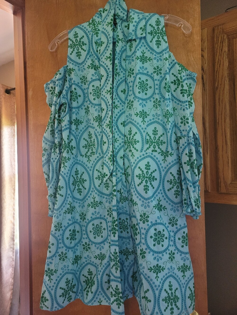 Boston Proper Blue and Green Cold-Shoulder Tunic